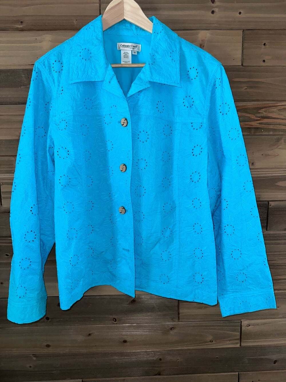 No.56 Coldwater Creek Turquoise Blue Eyelet Embroidered Button Up Jacket 2X